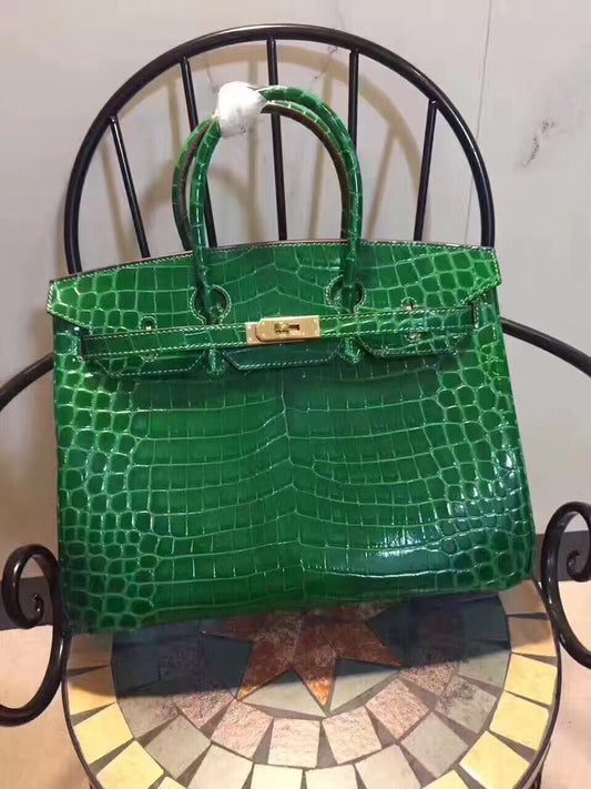 Luxury Hermes Birkin 35Cm Crocodile Leather Handbag Green Gold