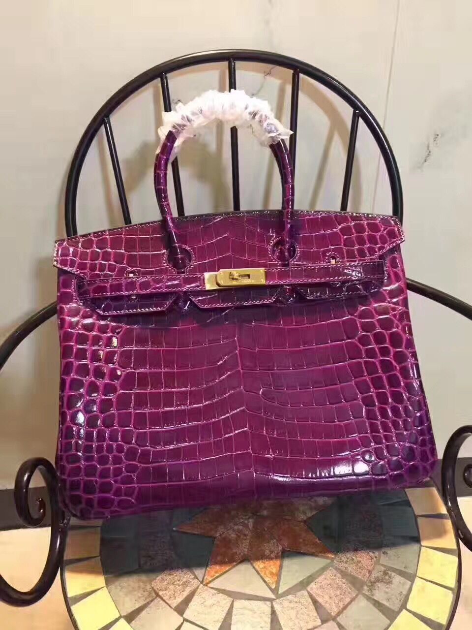 Luxury Hermes Birkin 35Cm Crocodile Leather Handbag Purple Gold