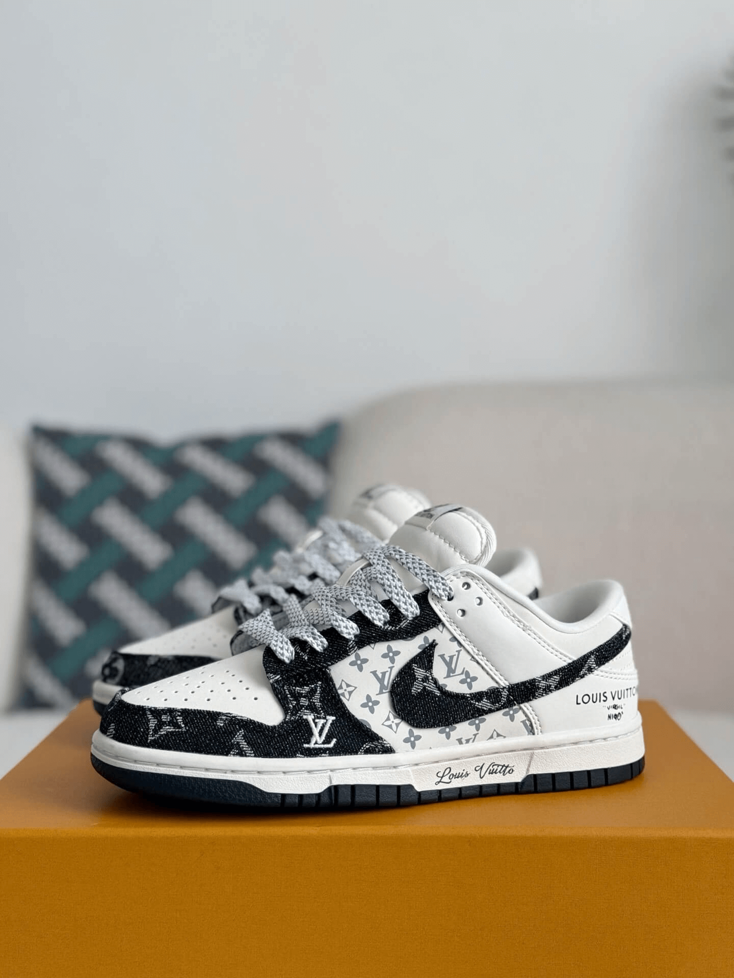 LV x Nike SB Dunk Low White Black Denim Monogram Sneaker