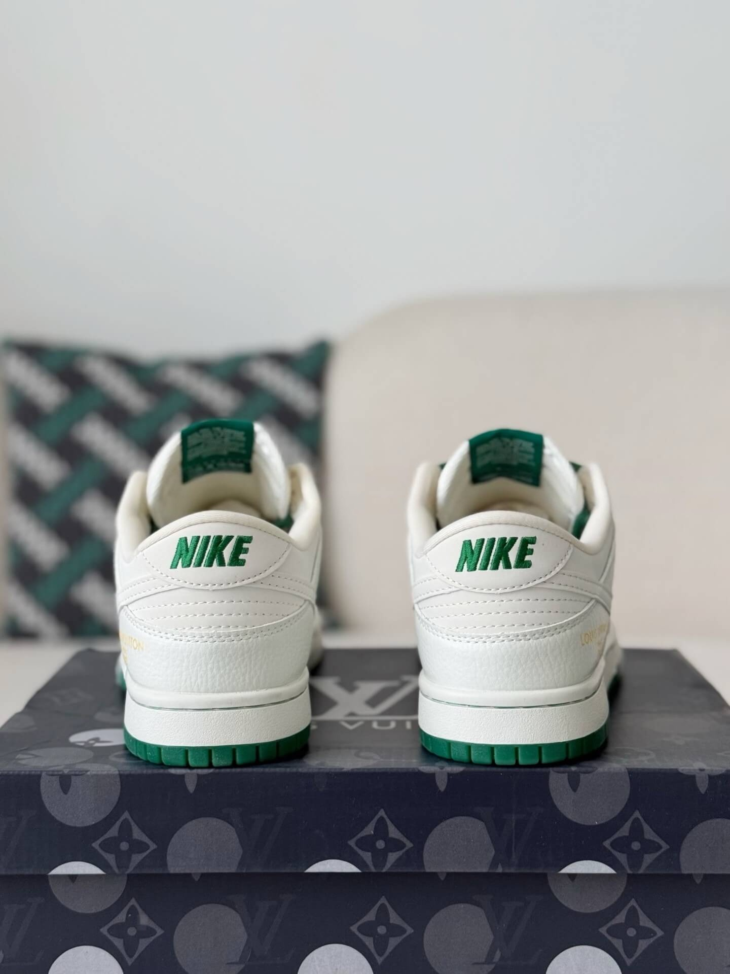 LV x Nike Dunk Low Sneaker in White and Green Monogram Canvas