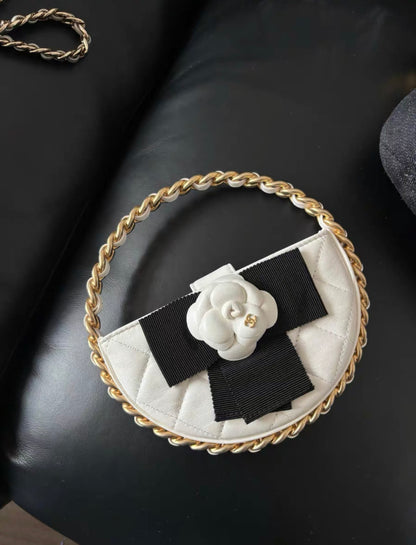 Chanel 23 White Quilted Leather Mini Round Camellia Clutch