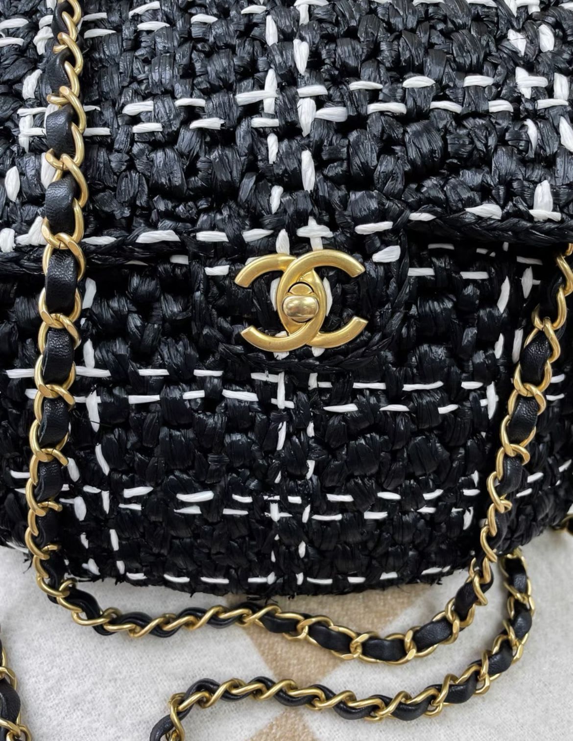 Chanel 23S Raffia Black And White Woven Tote Bag