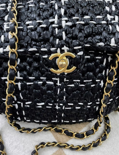 Chanel 23S Raffia Black And White Woven Tote Bag
