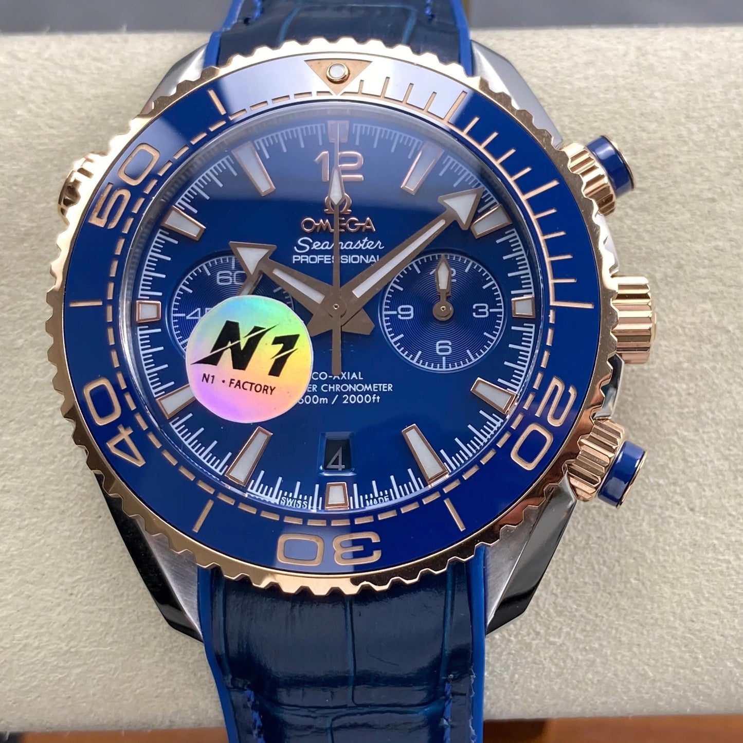 Omega Seamaster 46mm Blue Dial Pink Gold Case Blue Crocodile Leather