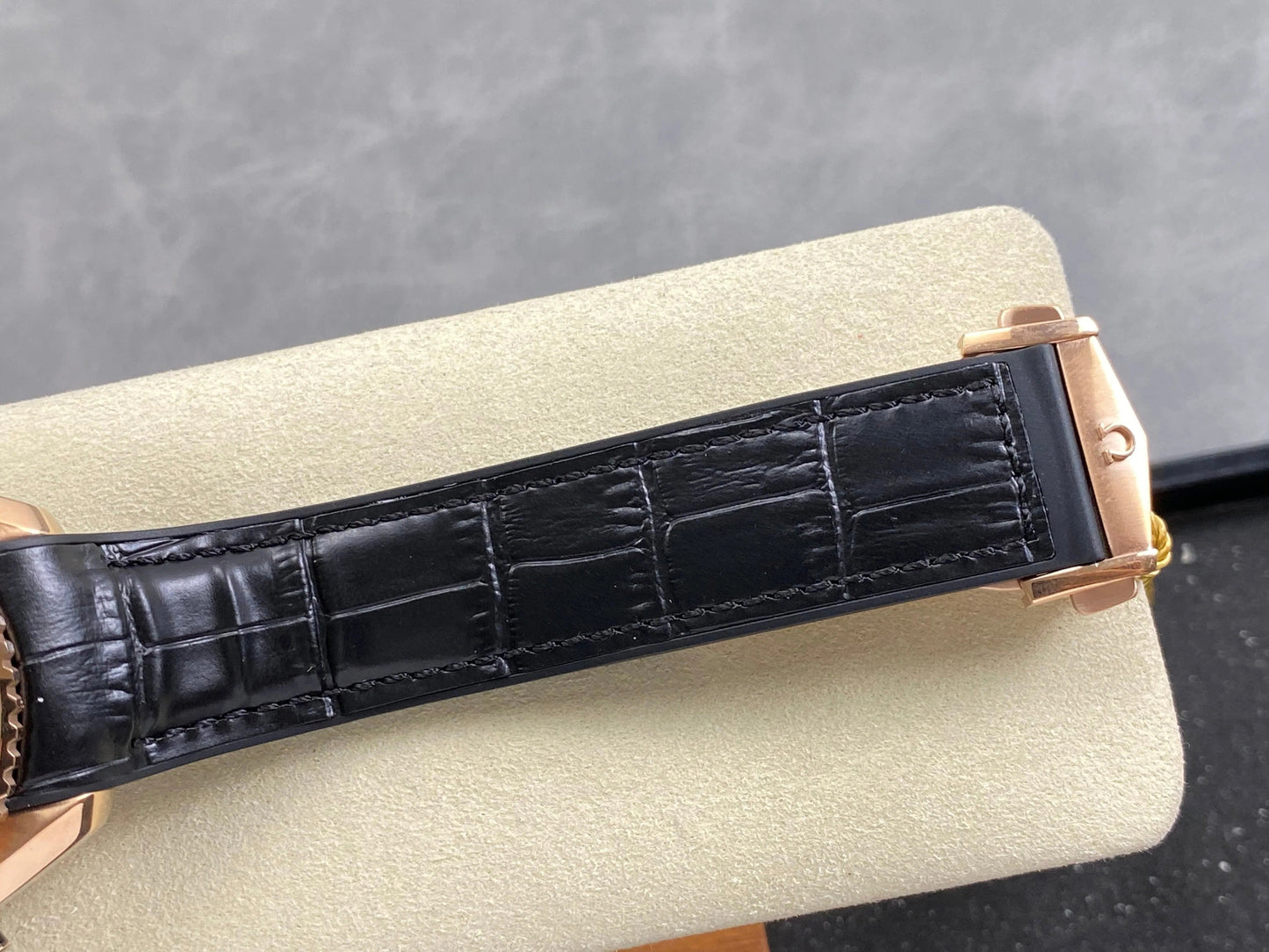 Omega Seamaster 46mm Black Dial Pink Gold Case Crocodile Leather