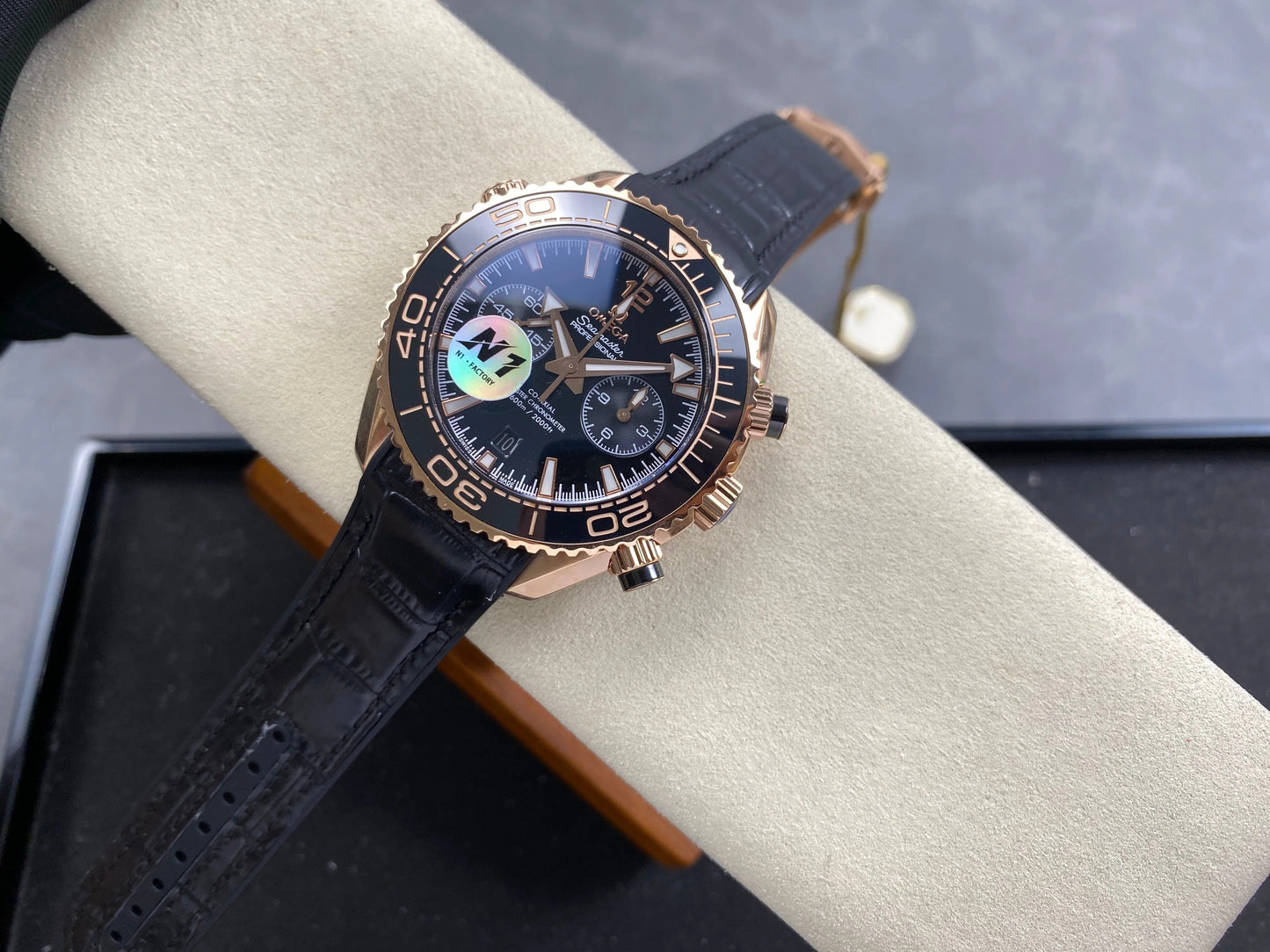 Omega Seamaster 46mm Black Dial Pink Gold Case Crocodile Leather