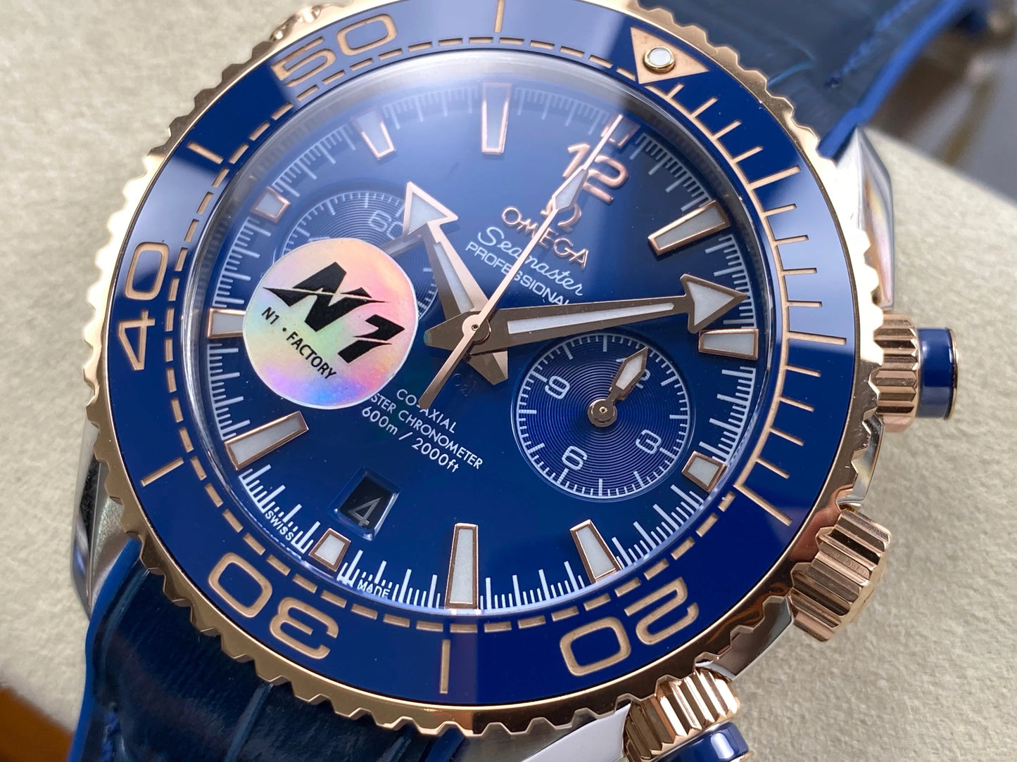Omega Seamaster 46mm Blue Dial Pink Gold Case Blue Crocodile Leather