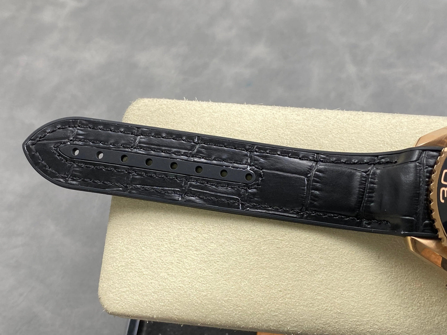 Omega Seamaster 46mm Black Dial Pink Gold Case Crocodile Leather