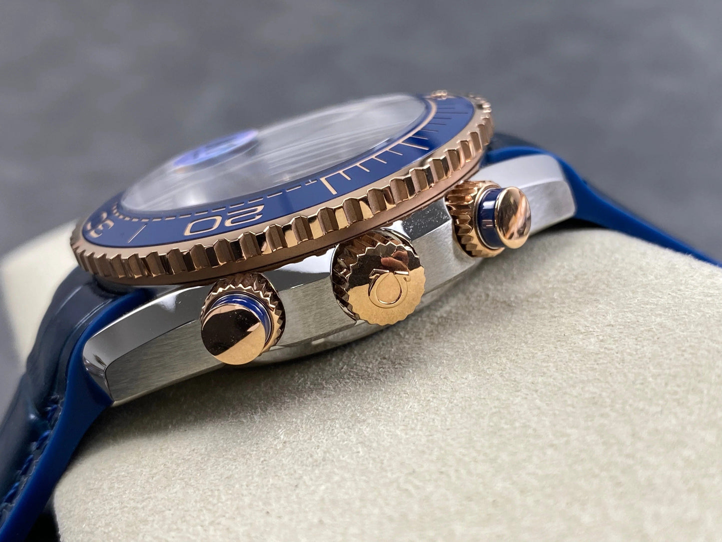 Omega Seamaster 46mm Blue Dial Pink Gold Case Blue Crocodile Leather