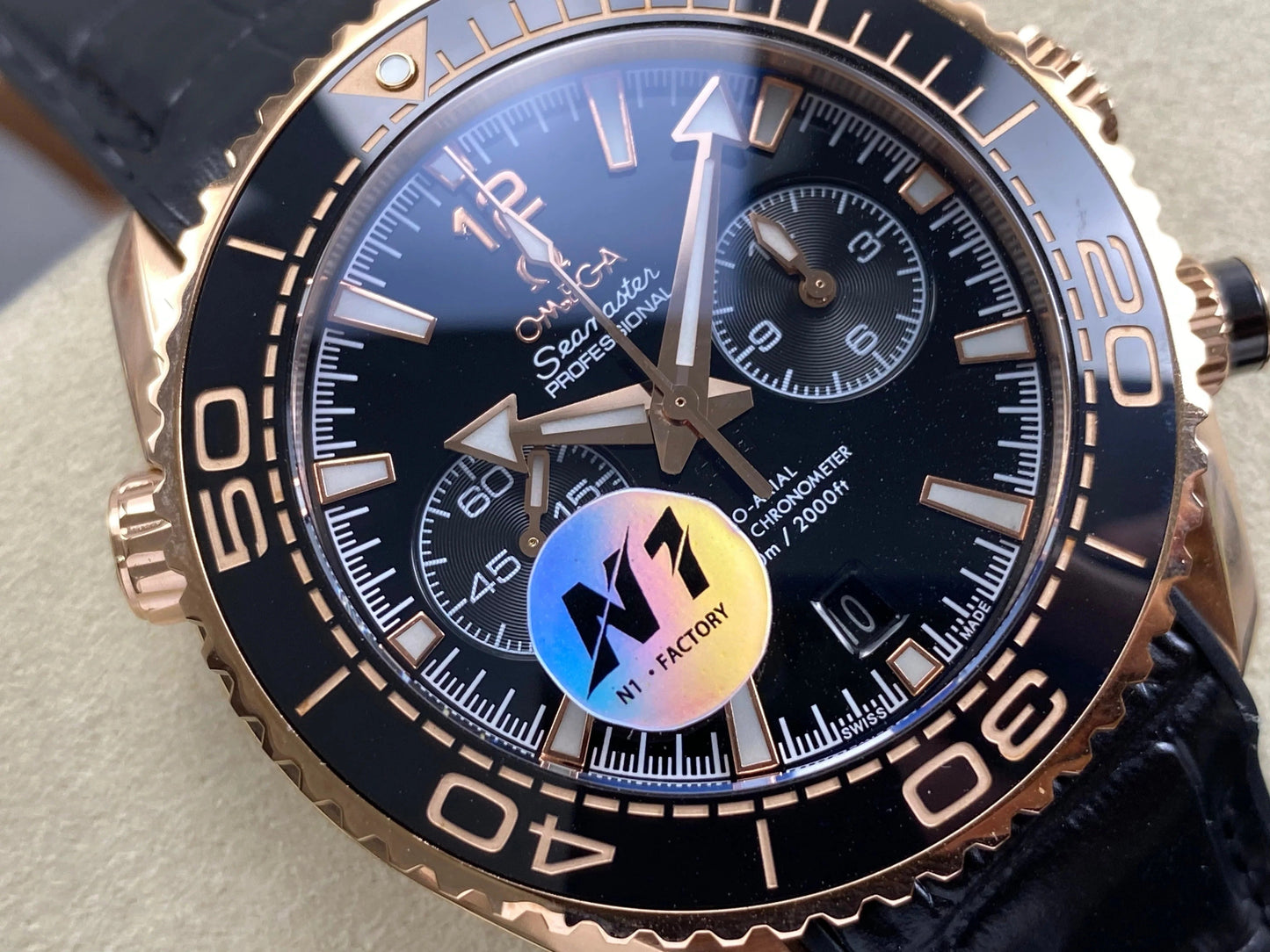 Omega Seamaster 46mm Black Dial Pink Gold Case Crocodile Leather