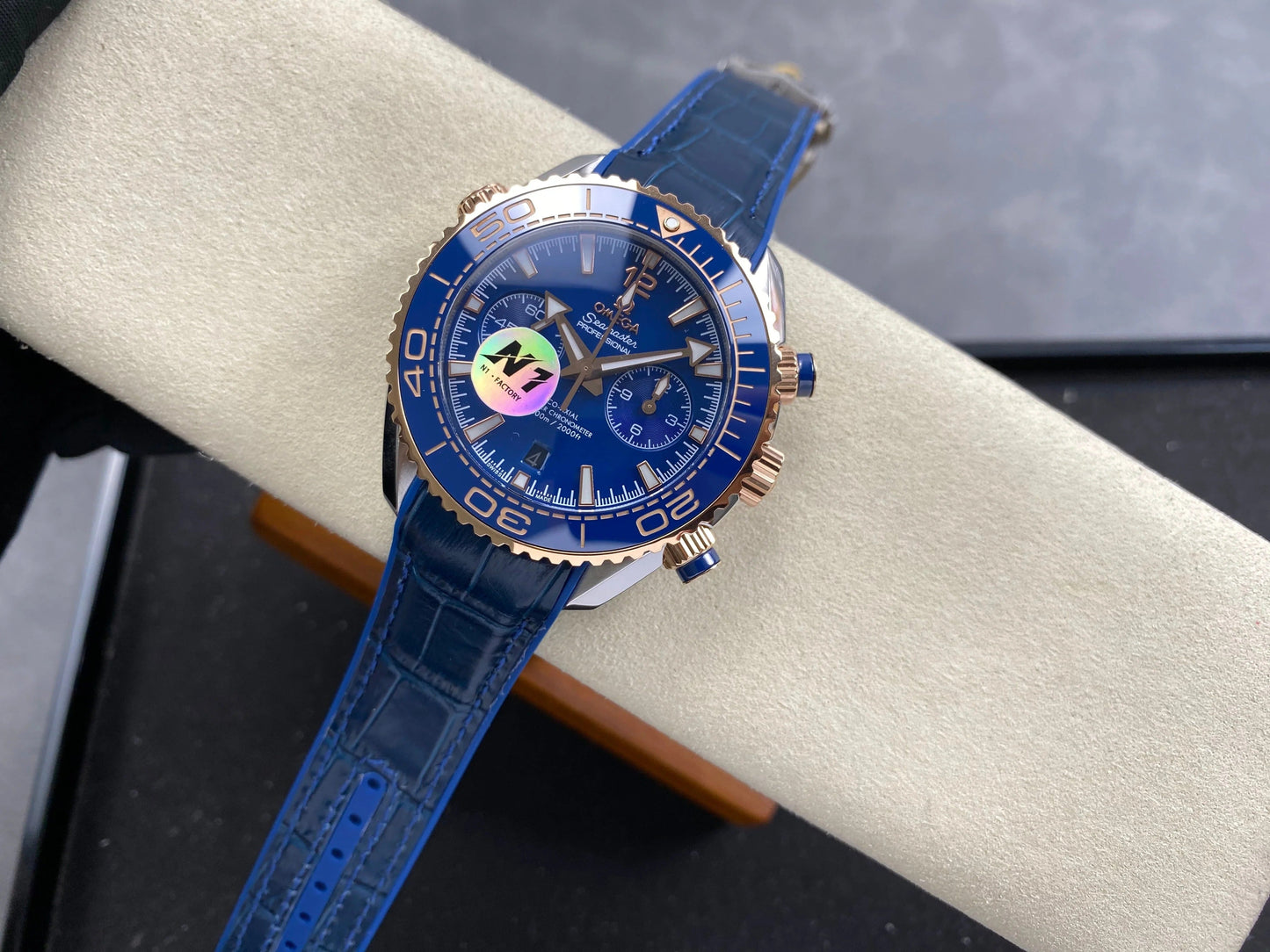 Omega Seamaster 46mm Blue Dial Pink Gold Case Blue Crocodile Leather