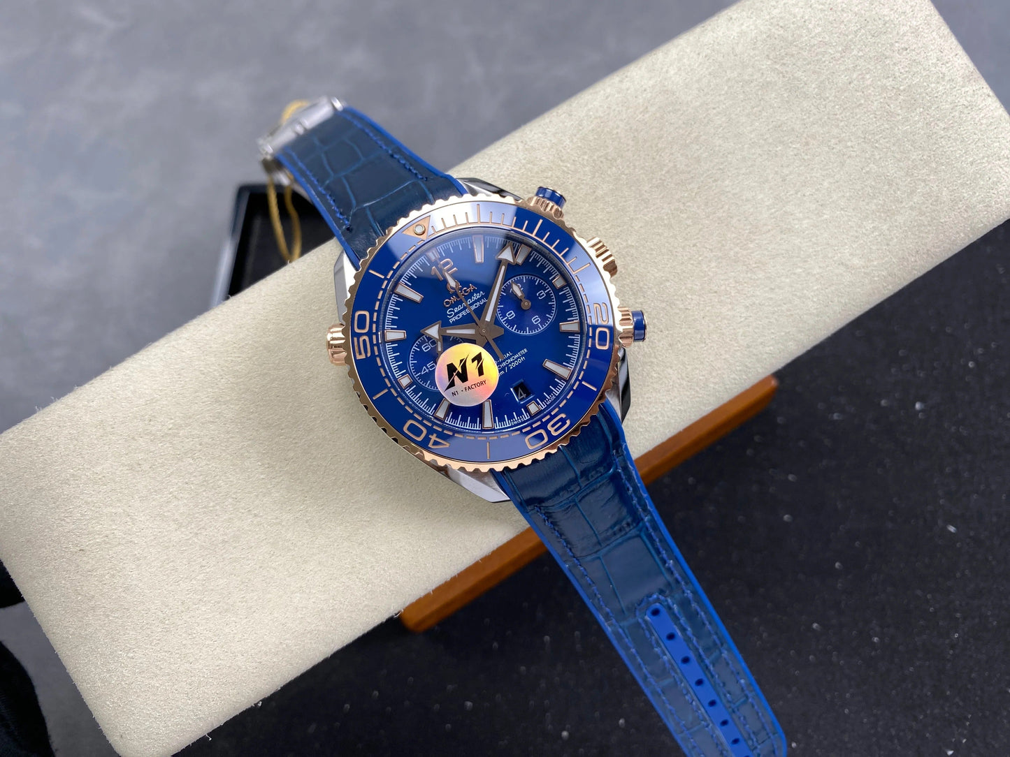 Omega Seamaster 46mm Blue Dial Pink Gold Case Blue Crocodile Leather