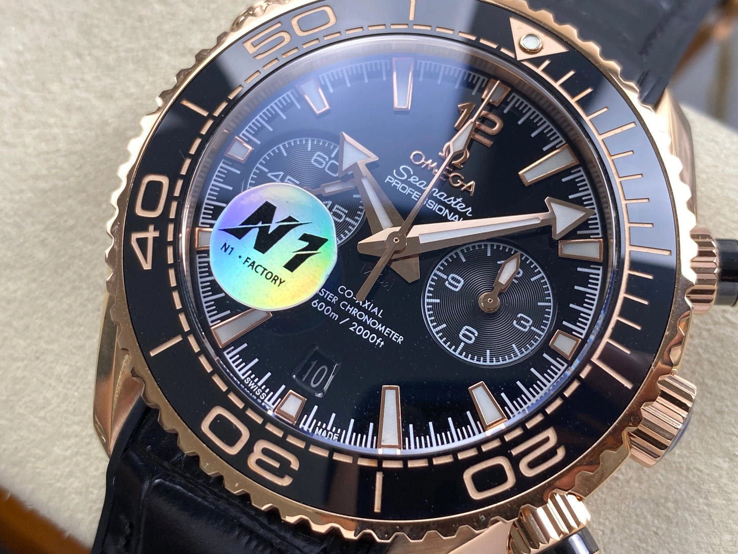 Omega Seamaster 46mm Black Dial Pink Gold Case Crocodile Leather