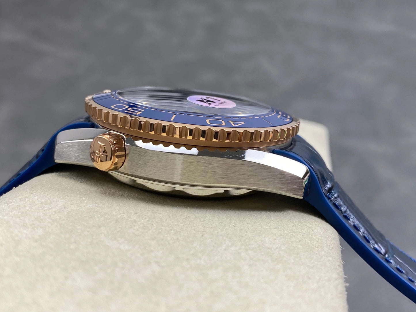 Omega Seamaster 46mm Blue Dial Pink Gold Case Blue Crocodile Leather
