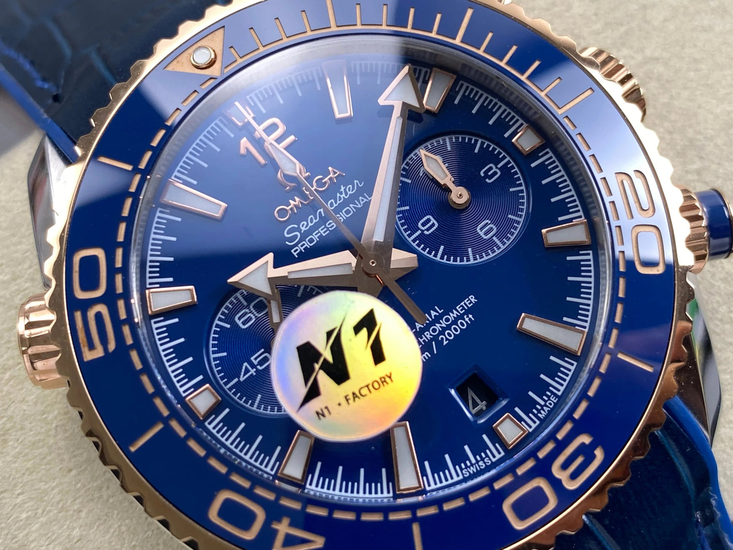 Omega Seamaster 46mm Blue Dial Pink Gold Case Blue Crocodile Leather