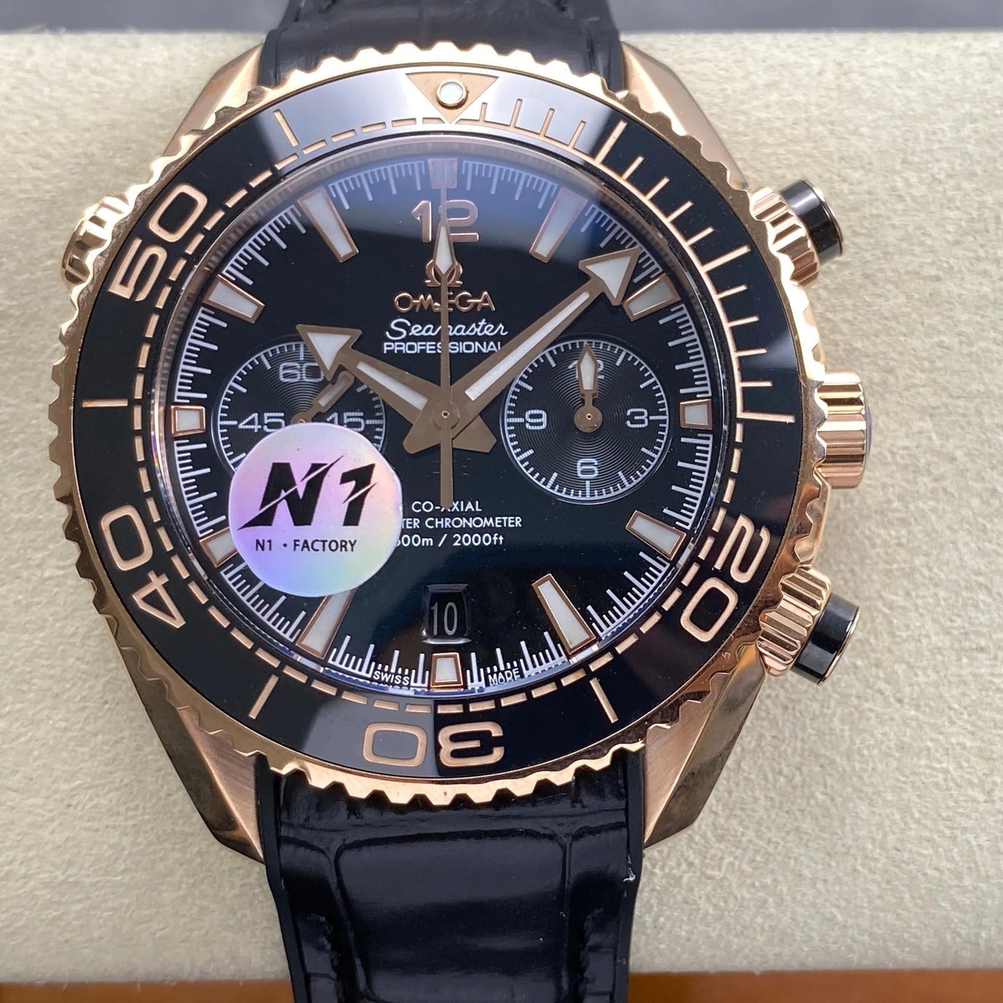 Omega Seamaster 46mm Black Dial Pink Gold Case Crocodile Leather