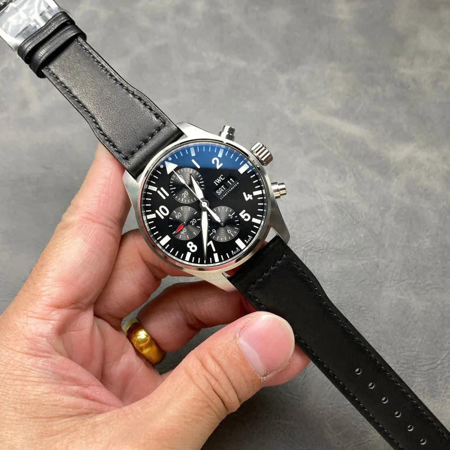 IWC Pilot 43mm Black Dial Steel Case Calfskin Leather Strap