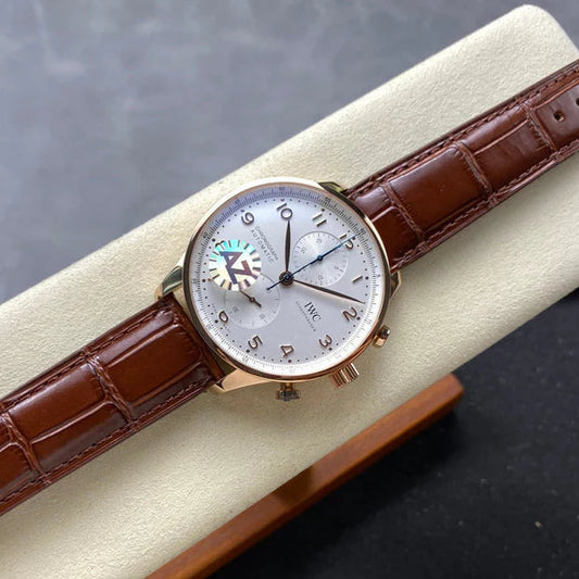 IWC Portuguese 41mm Cream Dial Pink Gold Case Brown Crocodile Leather