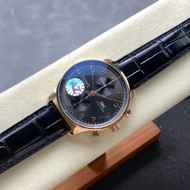 IWC Portuguese 41mm Dark Gray Dial Pink Gold Case Crocodile Leather Strap