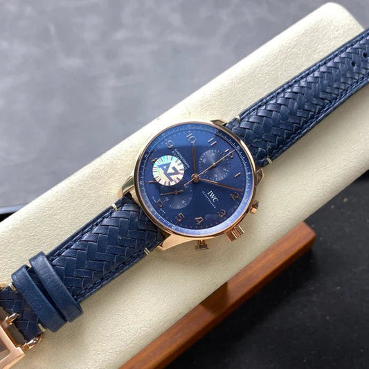IWC Portuguese 41mm Blue Dial Pink Gold Case Leather Strap