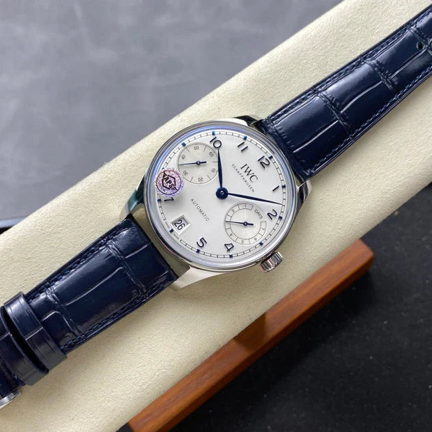 IWC Portuguese 42.4mm Cream Dial Steel Case Navy Blue Crocodile Leather Strap