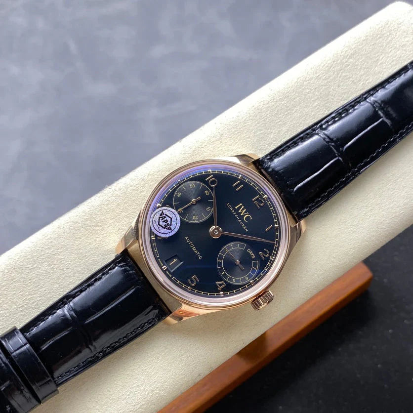 IWC Portuguese 42.4mm Black Dial Pink Gold Case Crocodile Leather