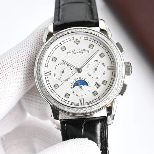 Patek Philippe Annual Calendar 42mm Diamond Benzel Black Leather Strap
