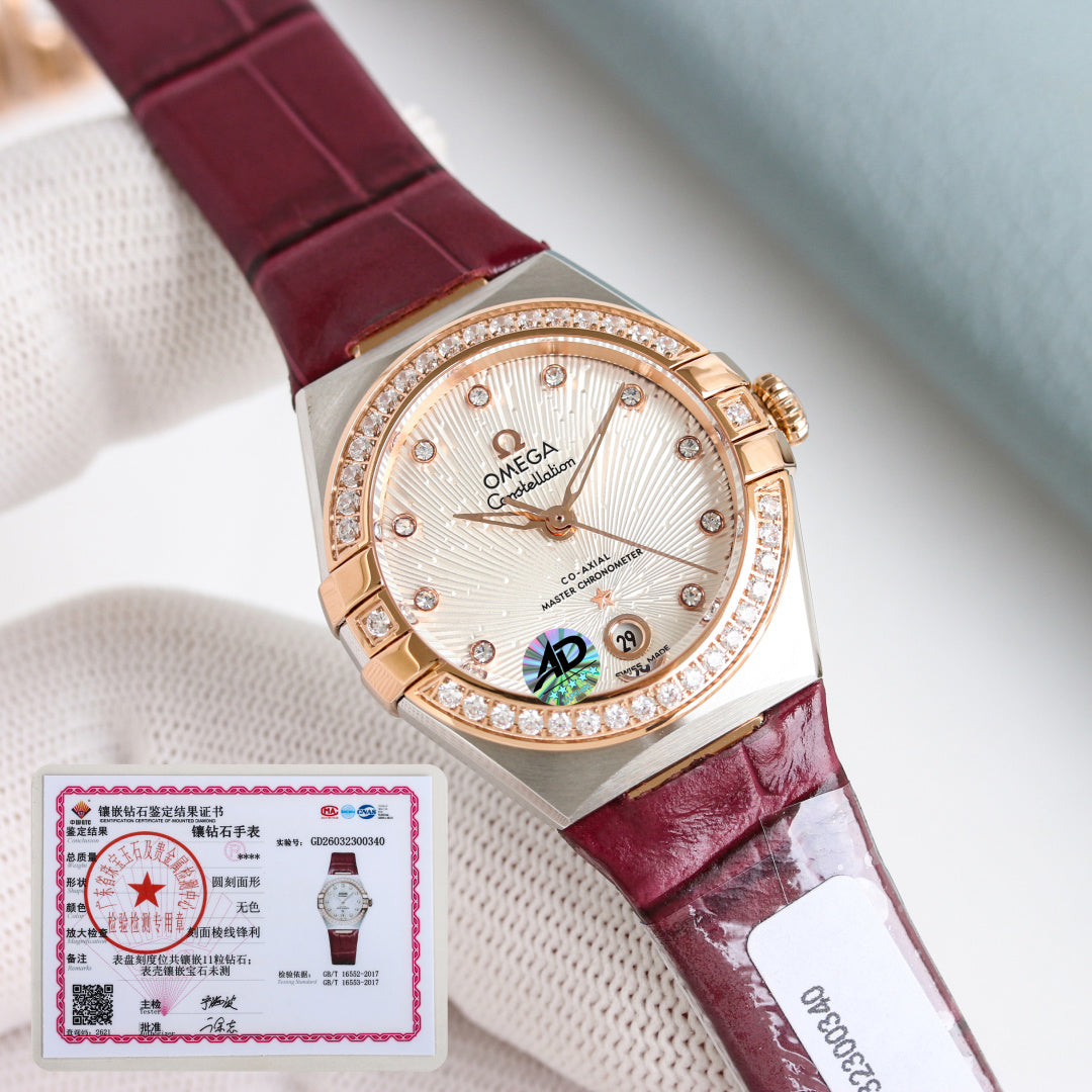 Omega Constellation 29mm Diamond Bezel Diamond Numerals Crocodile Leather