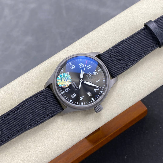 IWC Pilot 40mm Black Dial Gray Case Woven Fabric Strap