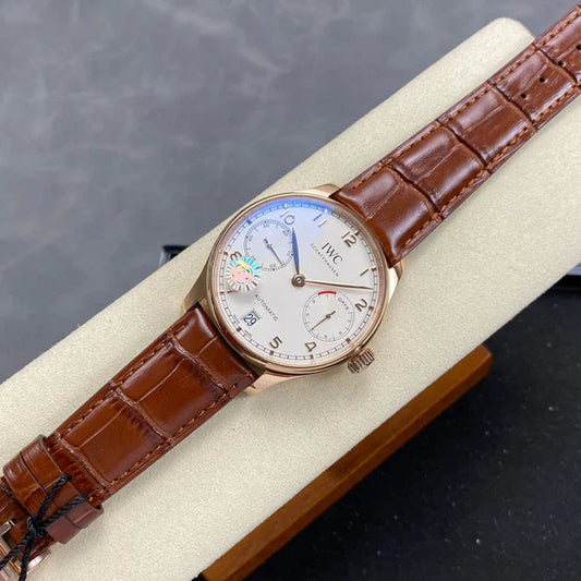 IWC Portuguese 42mm Cream Dial Pink Gold Case Crocodile Leather