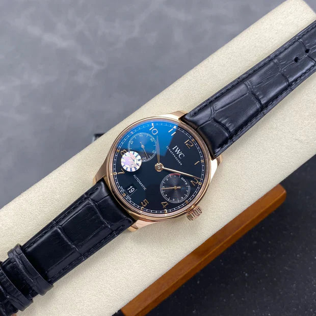 IWC Portuguese 42mm Black Dial Pink Gold Case Crocodile Leather