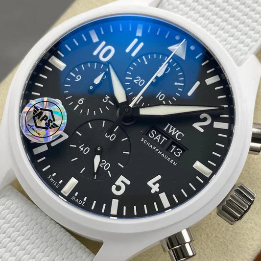 IWC Pilot's Chronograph 45 Black Dial White Steel Case Rubber Strap
