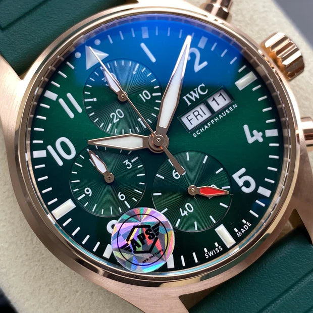 IWC Pilot's Chronograph 41 Pink Gold Case Green Dial Rubber Strap