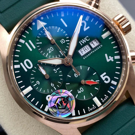 IWC Pilot's Chronograph 41 Pink Gold Case Green Dial Rubber Strap