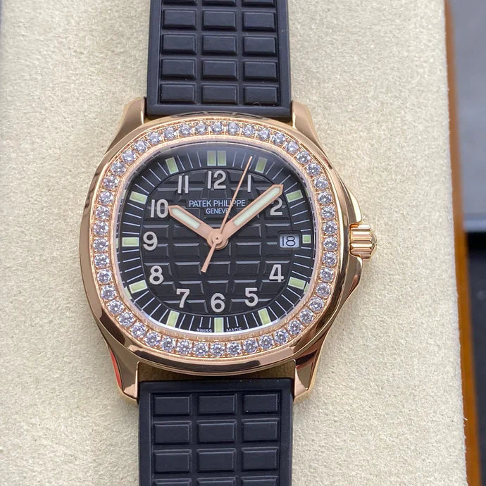 Patek Philippe Aquanaut 36mm Pink Gold Case Diamond Bezel Black Rubber Strap