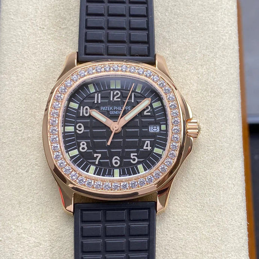 Patek Philippe Aquanaut 36mm Pink Gold Case Diamond Bezel Black Rubber Strap