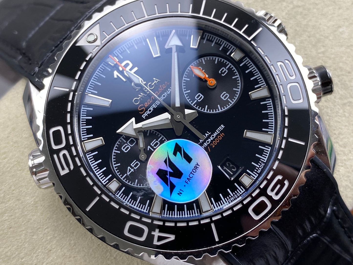 Omega Seamaster 46mm Black Dial Sliver Case Black Crocodile Leather