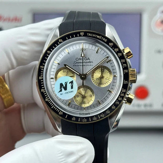 Omega Speedmaster Moonwatch Professional 42mm Silver Gold Dial Black Rubber