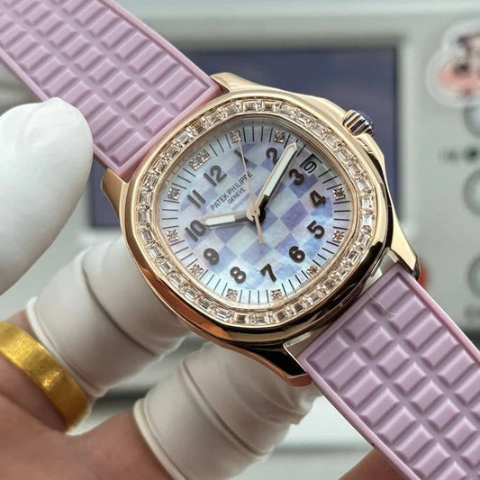 Patek Philippe Aquanaut 36mm Pink Gold Case Diamond Dial Light Purple Rubber Strap