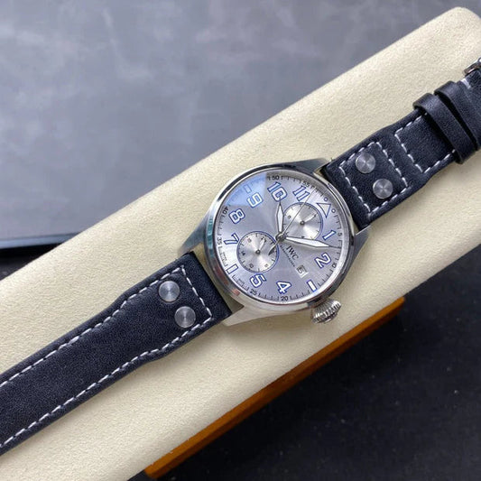 IWC Big Pilot 46mm Silver Blue Dial Steel Case Black Leather Strap
