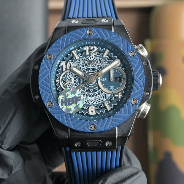 Hublot Big Bang Unico 45mm Blue Benzel Black Ceramic Case Blue Rubber Strap