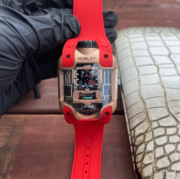 Hublot MP-10 Tourbillon Weight Energy System Watch Rose Gold Case Red Strap