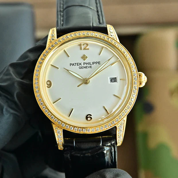 Patek Philippe Calatrava 40mm Diamond Benzel White Dial Black Strap