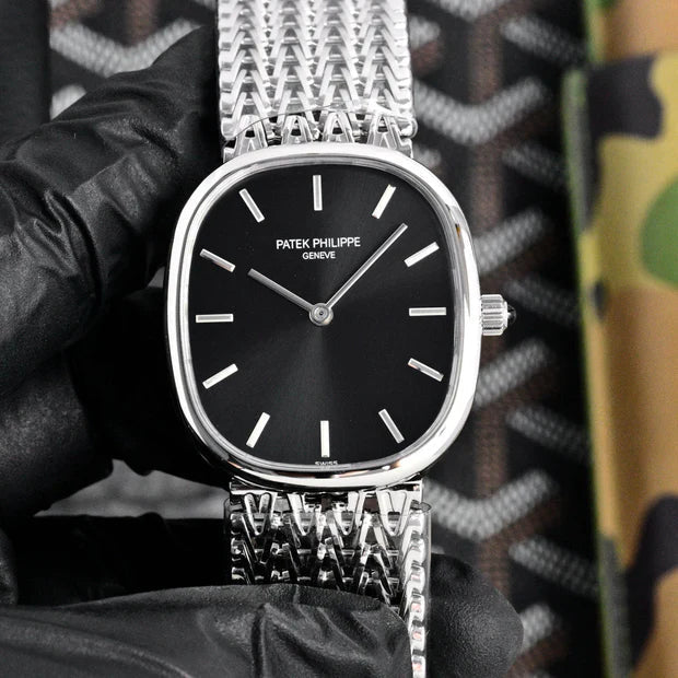 Patek Philippe Golden Ellipse 27mm Black Dial Steel Strap