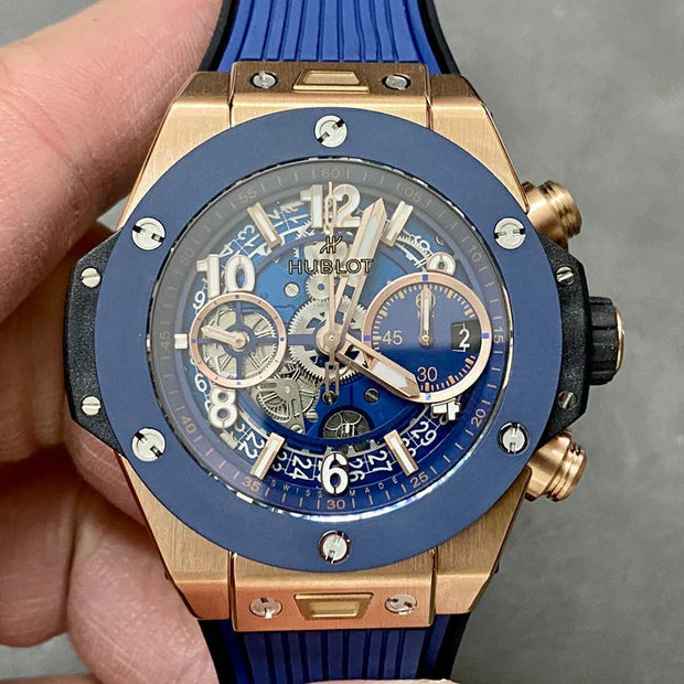 Hublot Big Bang Unico Rose Gold 42mm Watch with Blue Ceramic Bezel