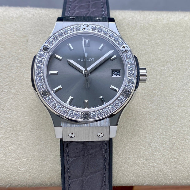 Hublot Classic Fusion Titanium Diamonds 33mm Watch Grey Leather Strap