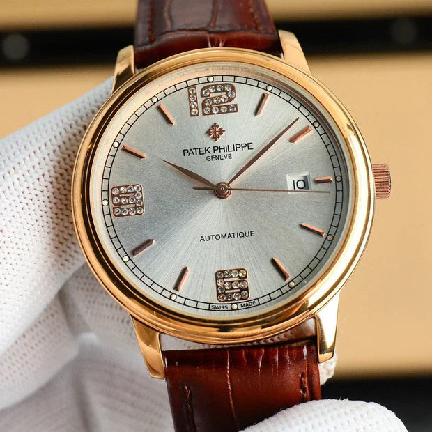 Patek Philippe Calatrava 40mm Gemstone-set Hour Marker Silver Dial Brown Leather Strap