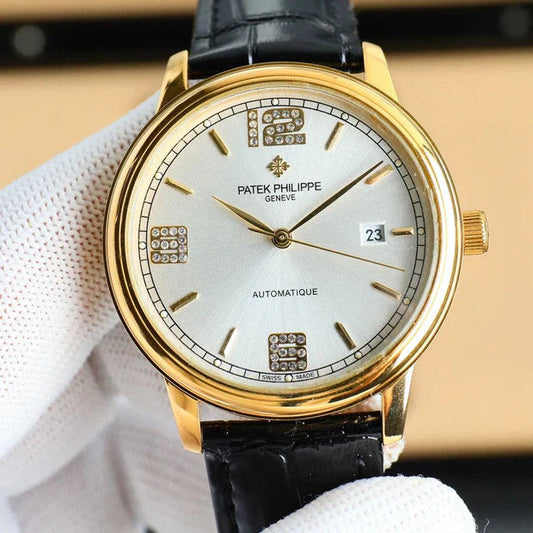 Patek Philippe Calatrava 40mm Gemstone-set Hour Marker Gold Case Black Leather Strap