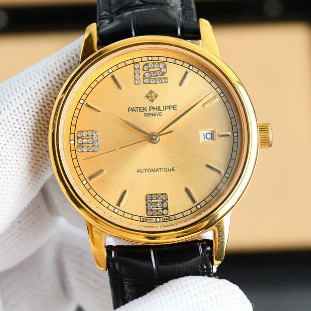 Patek Philippe Calatrava 40mm Gemstone-set Hour Marker Gold Dial Black Leather Strap