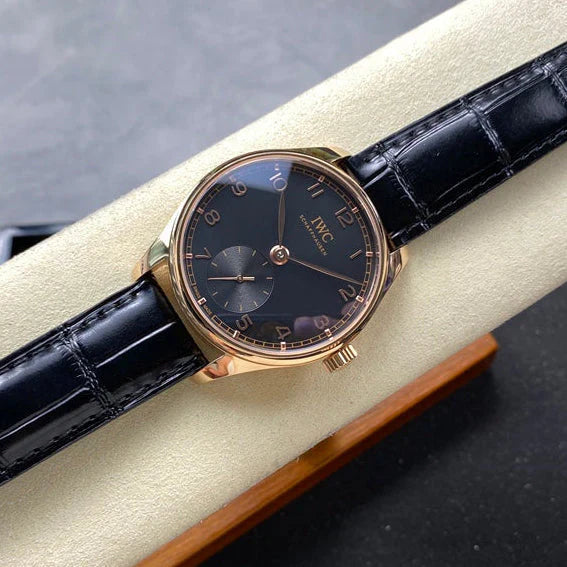 IWC Portuguese 40.4mm Black Dial Pink Gold Case Crocodile Leather
